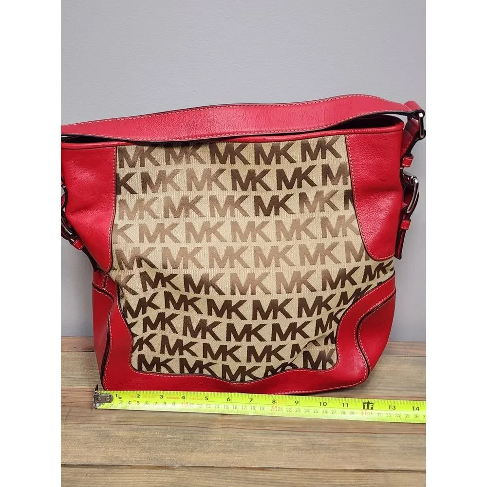 Preowned Michael Kors Brookville Burgundy And Beige Large Shoulder Bag Purse
